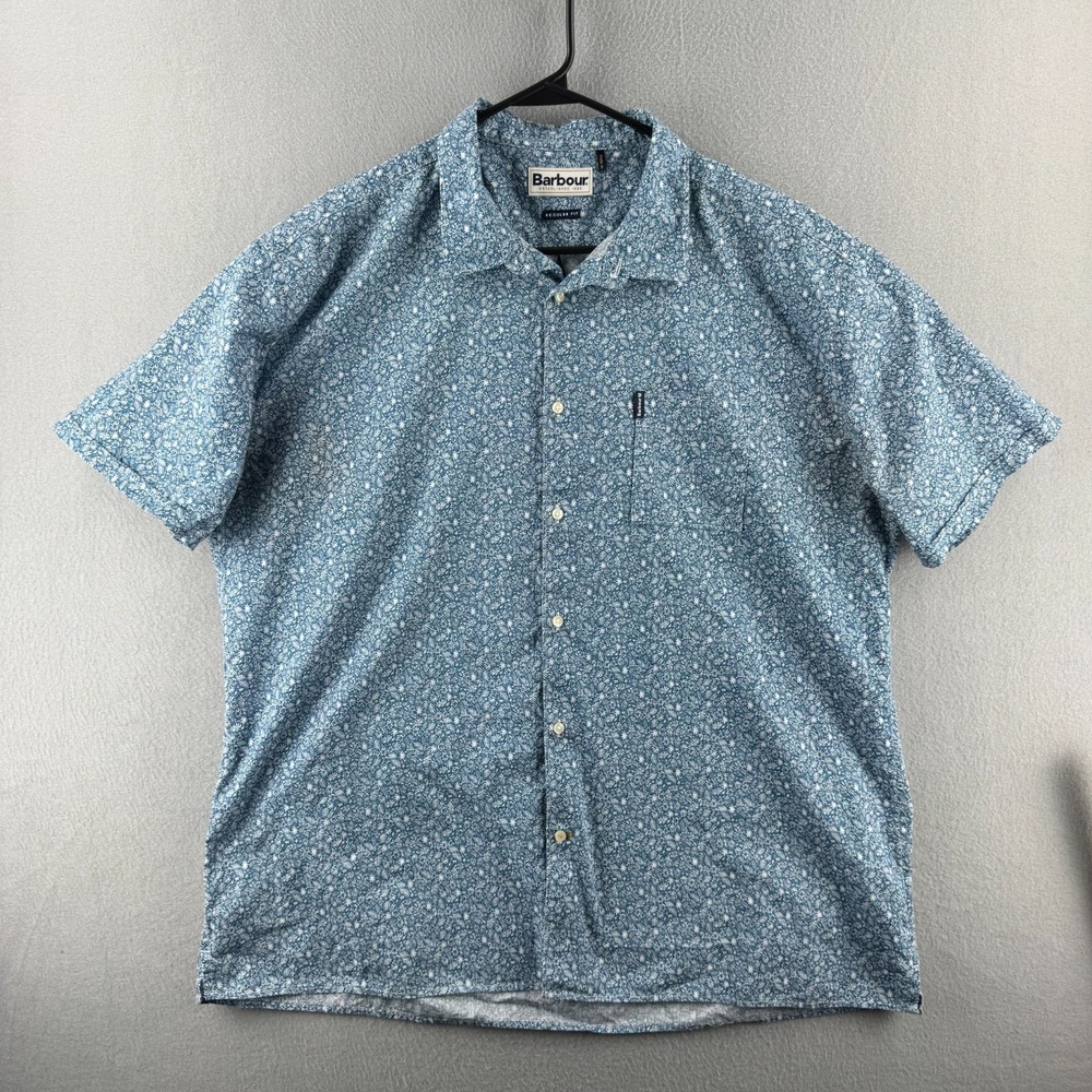 Barbour Shirt Mens 3XL Blue Floral Button Up Cotton Casual Short Sleeve